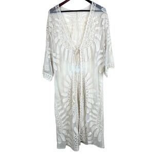 Kimono OS Cover Up Lace Sheer Maxi Embroidered Festival Fairy Cottage Boho Cream